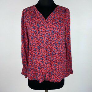J. Jill Petite XS Red Blue Patterned Rayon Button Down Long Sleeve